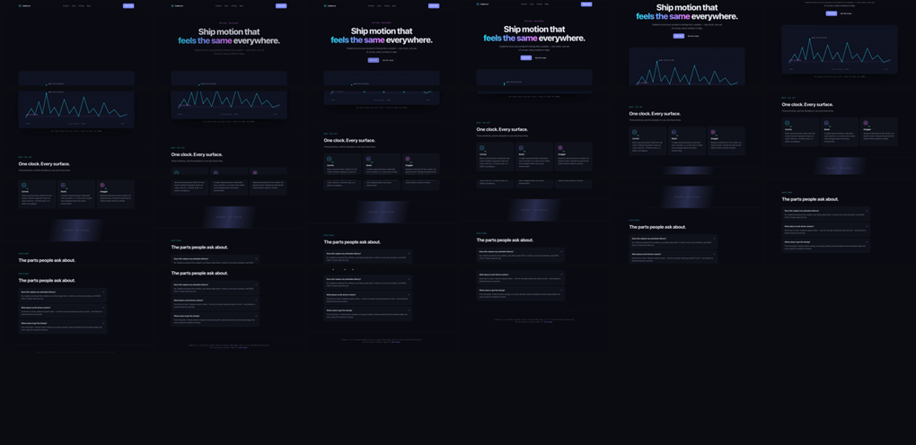 Contact sheet of the 22 curated keyframes: hero, scope, features, wipe and FAQ.