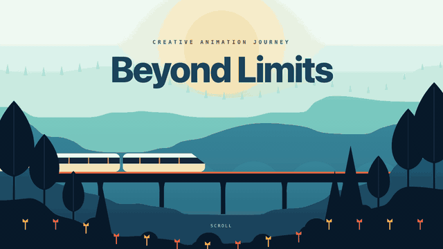 scrolling the recreated parallax page: layers separate by depth and a train crosses the viaduct